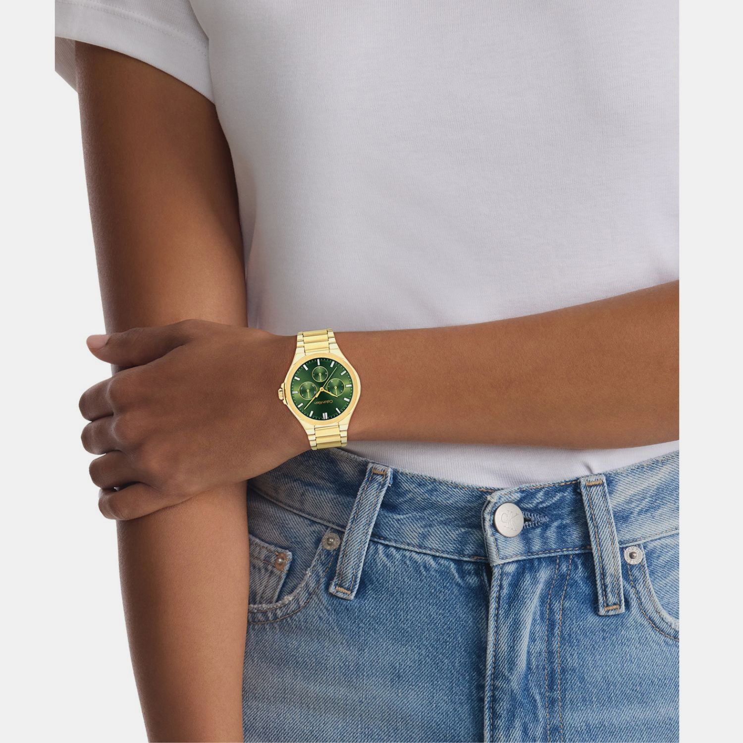 Vibrancy Women Quartz Green Dial Multi-Function Stainless Steel Watch 25100053