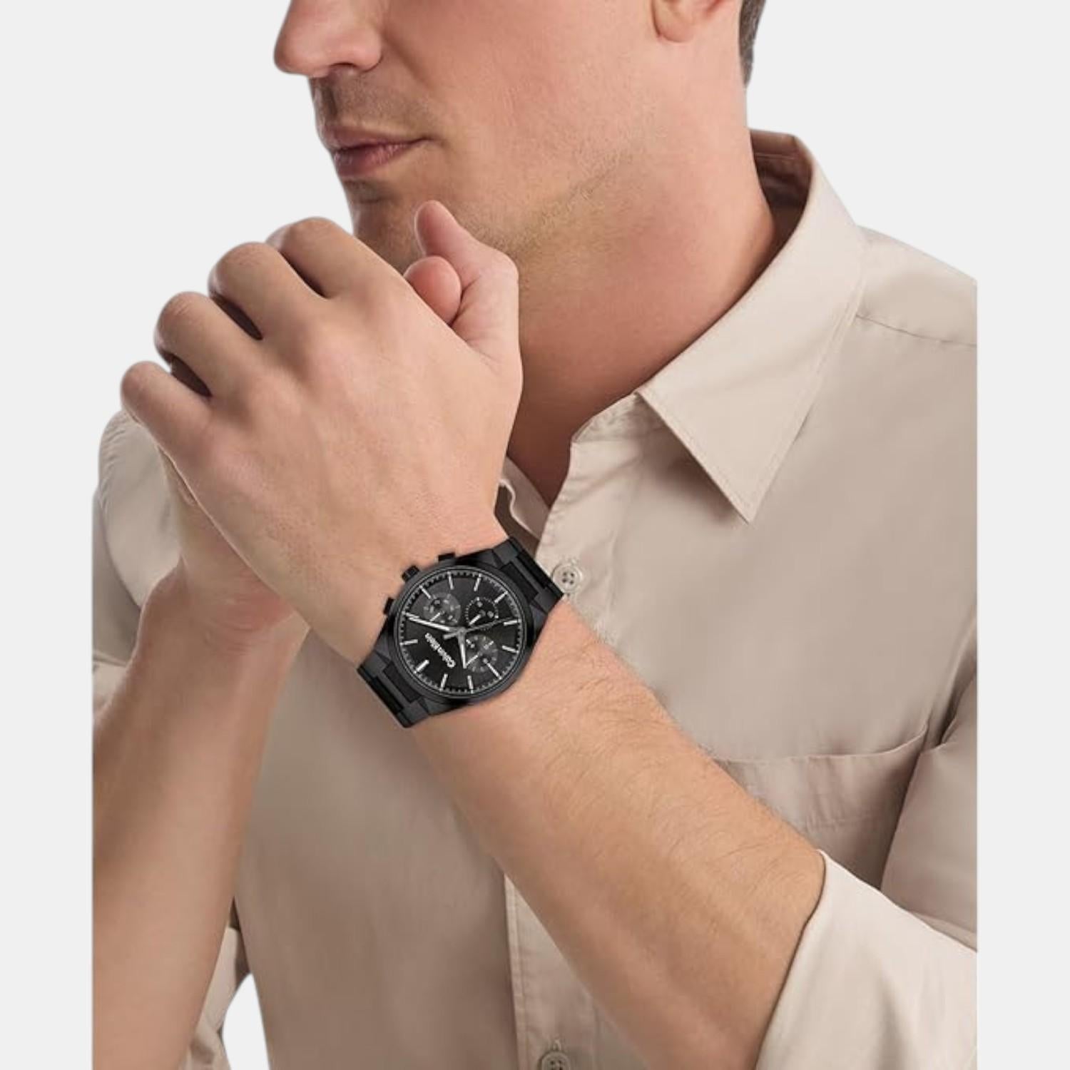 Distinguish Men Quartz Black Dial Multi-Function Stainless Steel Watch 25200505