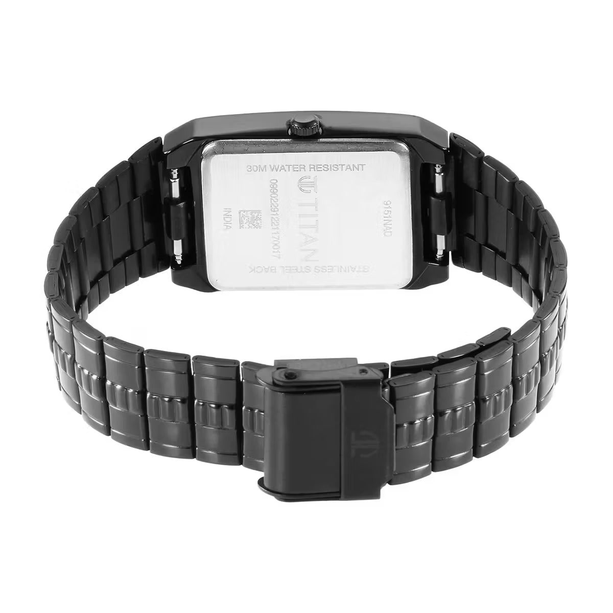 Titan Quartz Analog Black Dial Stainless Steel Strap Watch for Men 9151NM01