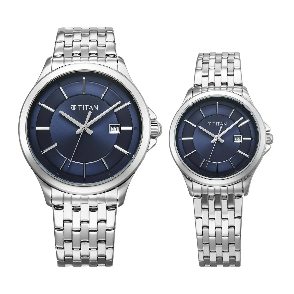 Titan Bandhan Quartz Analog with Date Blue Dial Silver Watch For Couple 9401194211SM01