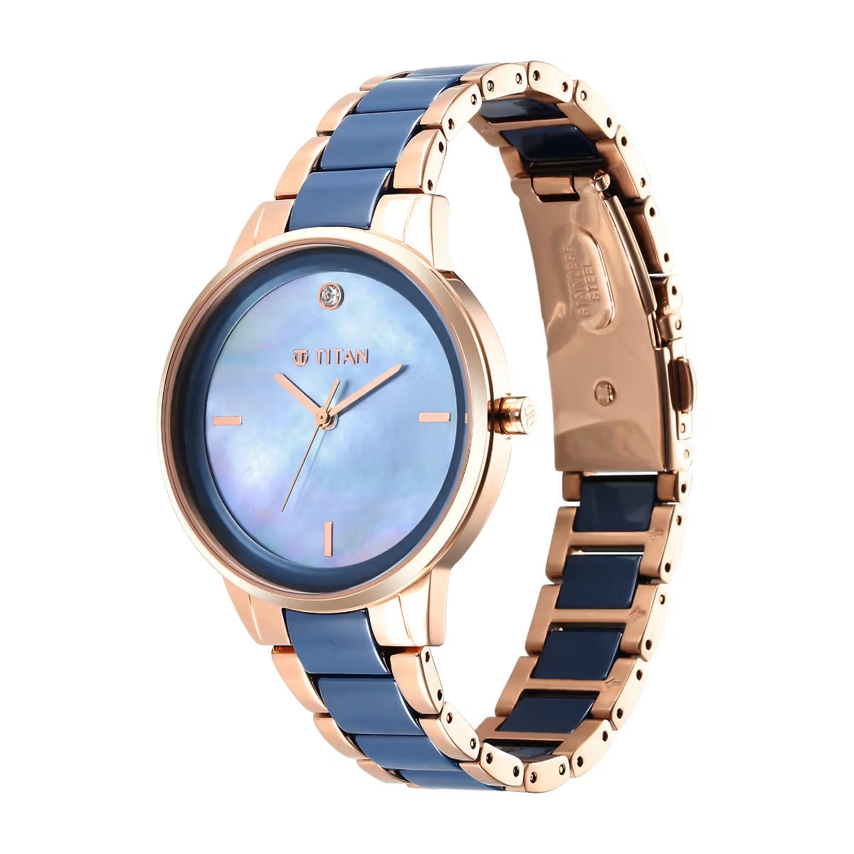 Titan Purple Ceramics Blue Dial Analog Steel and Ceramic Strap watch for Women 95213KD03