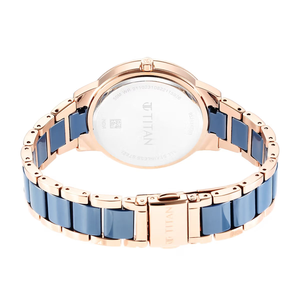 Titan Purple Ceramics Blue Dial Analog Steel and Ceramic Strap watch for Women 95213KD03