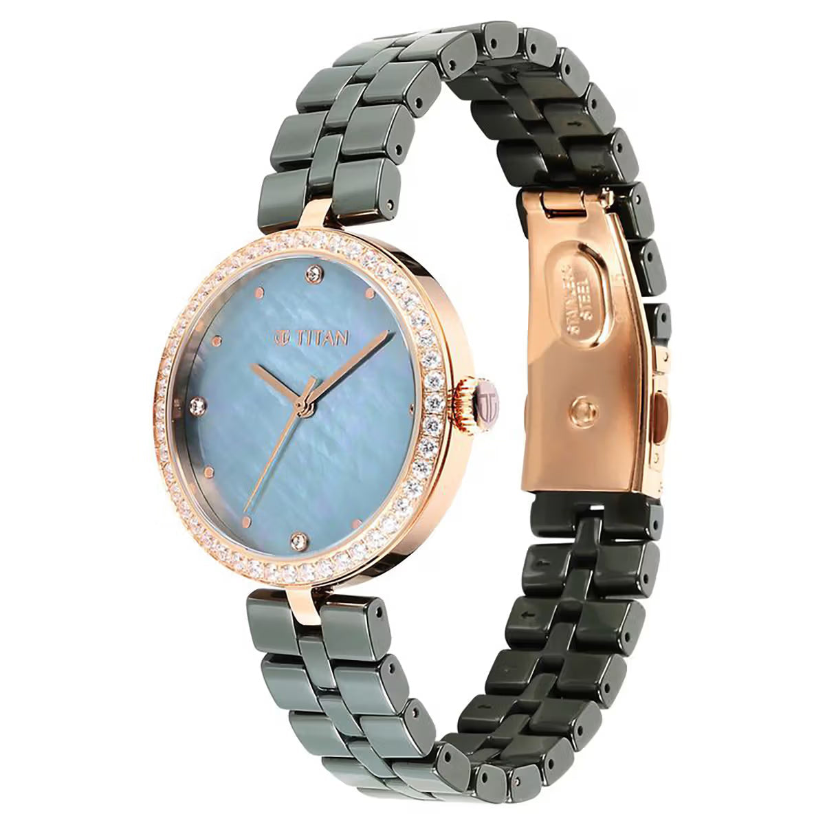 Titan Purple Ceramics Quartz Analog Mother of Pearl Dial Women Watch 95215KC04