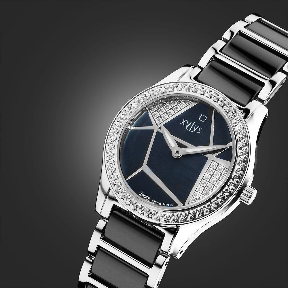 Xylys Shimmer Swiss Analog Steel & Ceramic Mother of Pearl Black Dial Watch for Women 9766SD02E