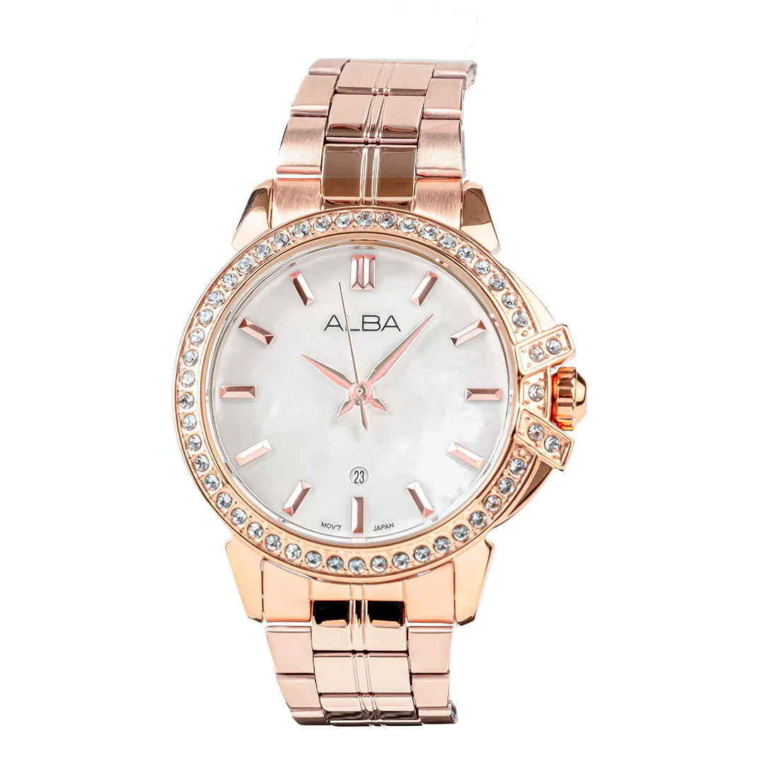 ALBA Rose Gold Ladies Watch with Mother of Pearl Dial and Crystals AH7CW8X1