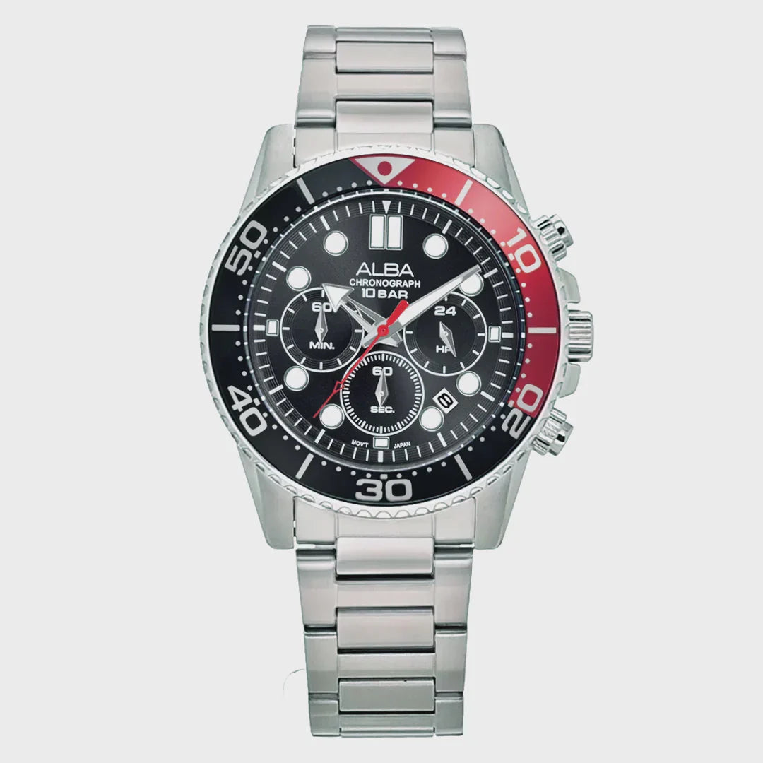 ALBA Midnight Black Dial with Black+Red Bezel Chronograph Men's Watch - AT3J37X1