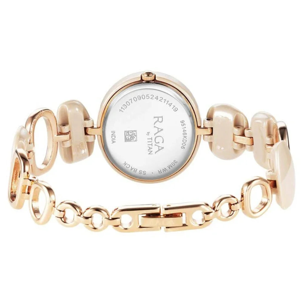 Titan Raga Ceramics Quartz Analog Beige Dial Metal Strap Watch For Women 95146KD06