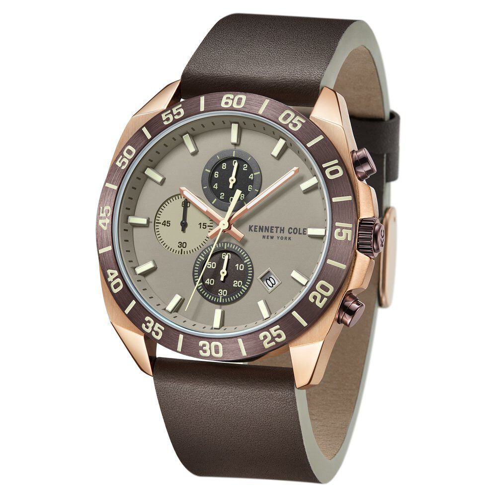 Kenneth Cole Quartz Chronograph Grey dial Leather Strap Watch for Men-NTKCWGC0016102MN