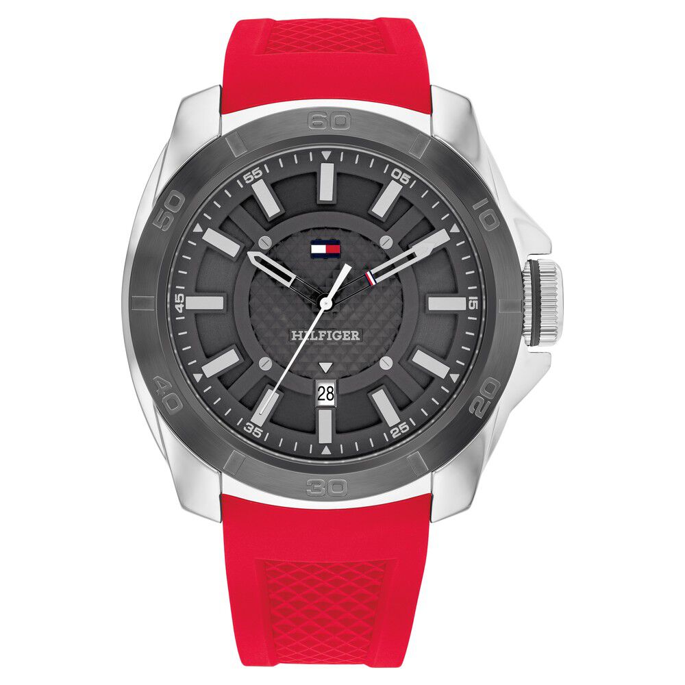 Tommy Hilfiger Quartz Analog with Date Grey Dial Red Silicone Strap Watch for Men-NTTH1792135