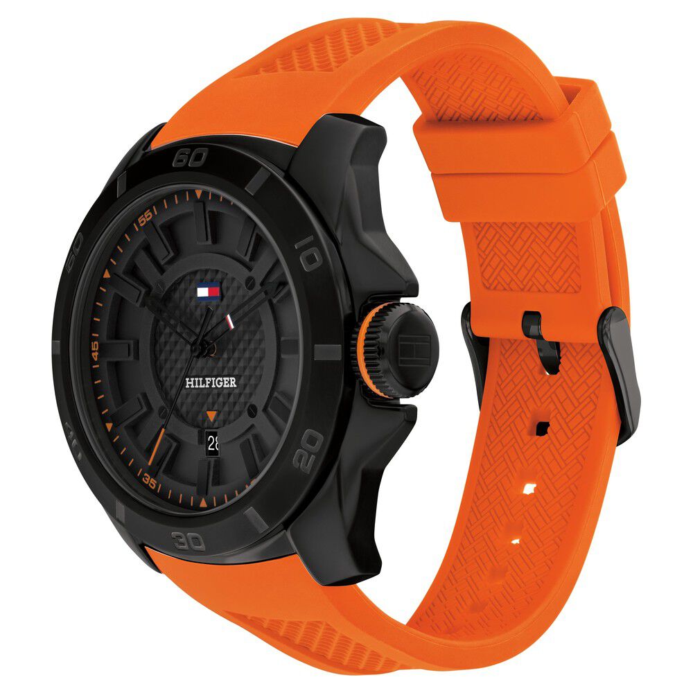Tommy Hilfiger Quartz Analog Black Dial Orange Stainless Steel & Silicone Strap Watch for Men-NTTH1792136