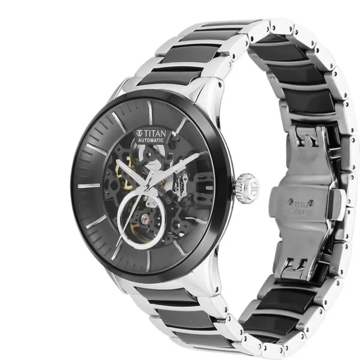 Titan Ceramic Fusion Automatic Black Dial Silver Dual-Tone Men Watch 90174KD01