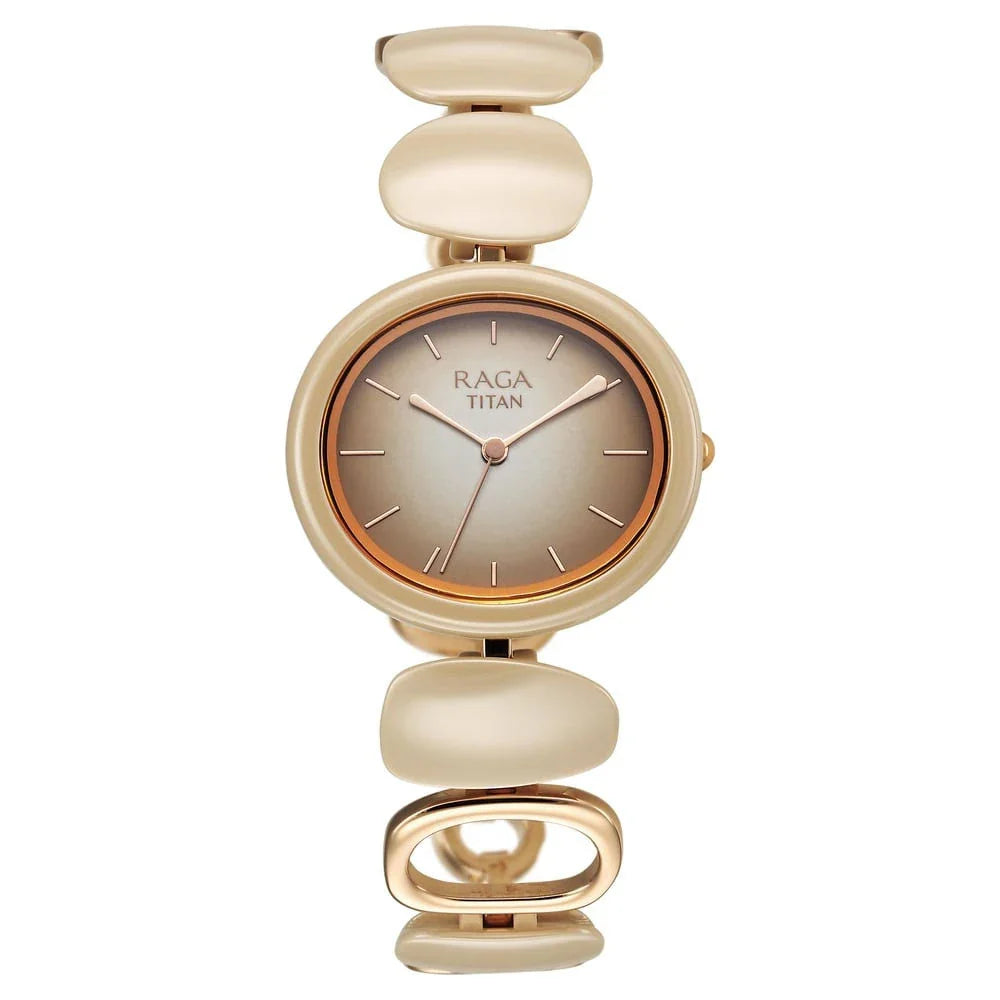 Titan Raga Ceramics Quartz Analog Beige Dial Metal Strap Watch For Women 95146KD06