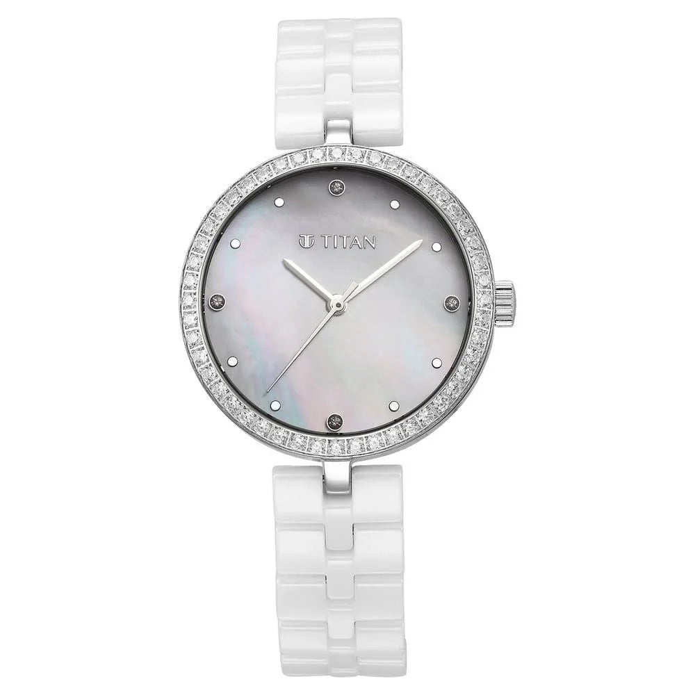 Titan Purple Ceramics Quartz Analog Mother of Pearl Dial Watch For Women 95215KC01