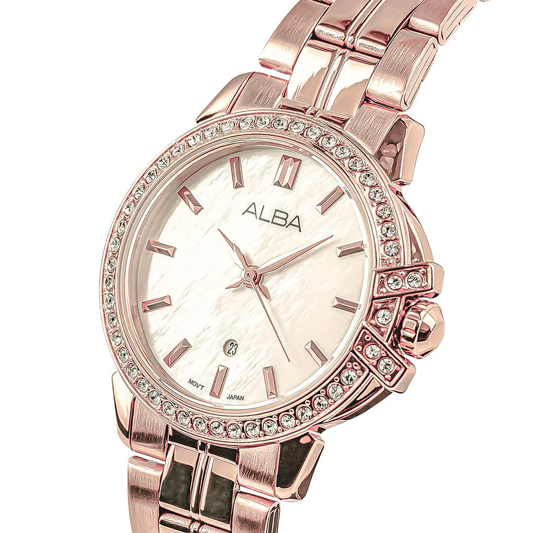 ALBA Rose Gold Ladies Watch with Mother of Pearl Dial and Crystals AH7CW8X1