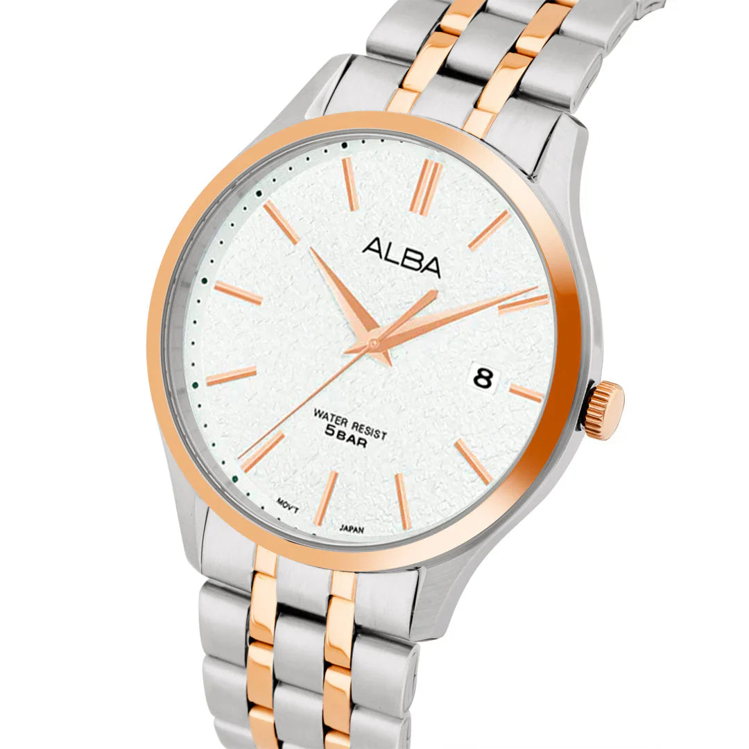 ALBA White Marble Dial with Rose Gold+Silver Metal Strap Men's Watch AS9R28X1