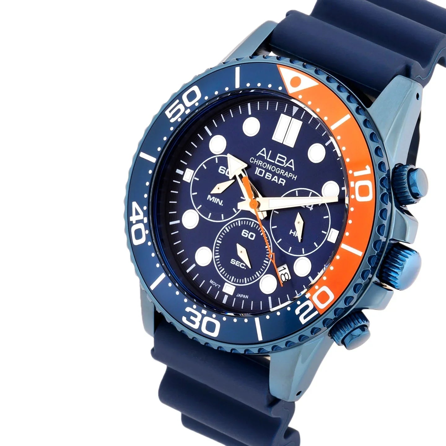 ALBA Cobalt Blue Dial With Blue+Orange Bezel Chronograph Men Watch AT3J45X1