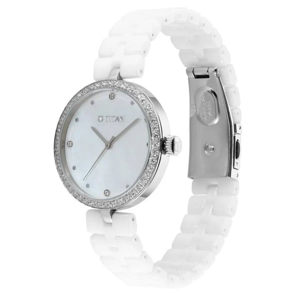 Titan Purple Ceramics Quartz Analog Mother of Pearl Dial Watch For Women 95215KC01