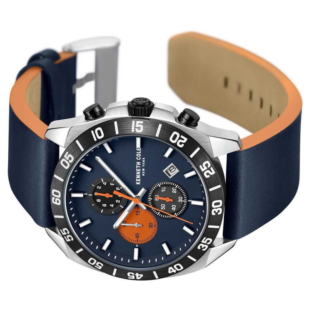 Kenneth Cole Quartz Chronograph Blue dial Leather Strap Watch for Men-NTKCWGC0016101MN