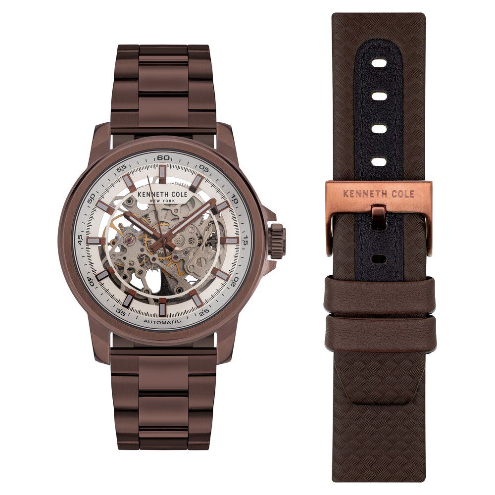 Kenneth Cole Automatic Silver Dial Leather Strap Watch for Men NEKCWGL2104102MN