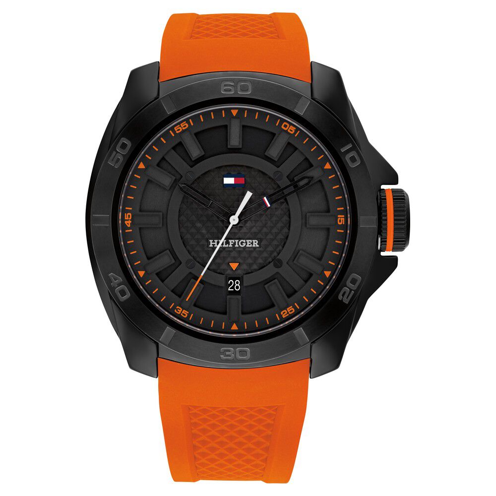 Tommy Hilfiger Quartz Analog Black Dial Orange Stainless Steel & Silicone Strap Watch for Men-NTTH1792136